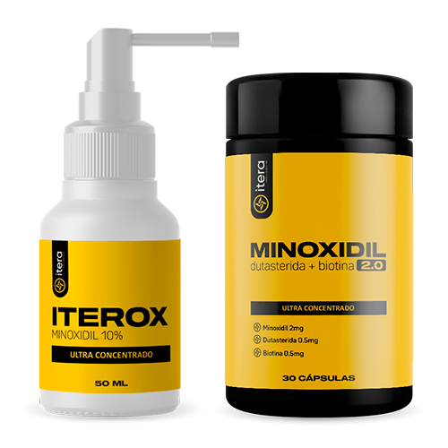 Kit com cápsulas capilares Itera e spray Iterox, exibidos lado a lado em embalagem cosmética.