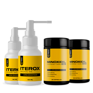 Kit com cápsulas capilares Itera e spray Iterox, exibidos lado a lado em embalagem cosmética.