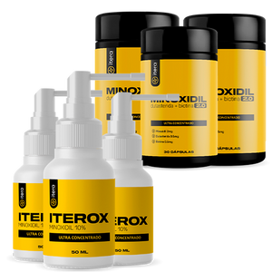 Kit com cápsulas capilares Itera e spray Iterox, exibidos lado a lado em embalagem cosmética.